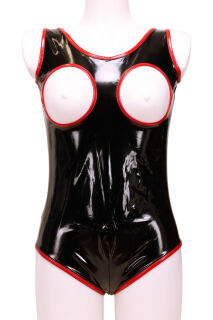 BD21 Ladies Ouvert Vinyl Bodysuit without Breasts - BLACK-RED